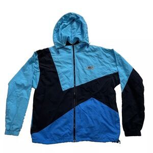 Vintage 80s 90s NIKE Light Windbreaker Mens M Black Blue Sport Colorblock Hoodie